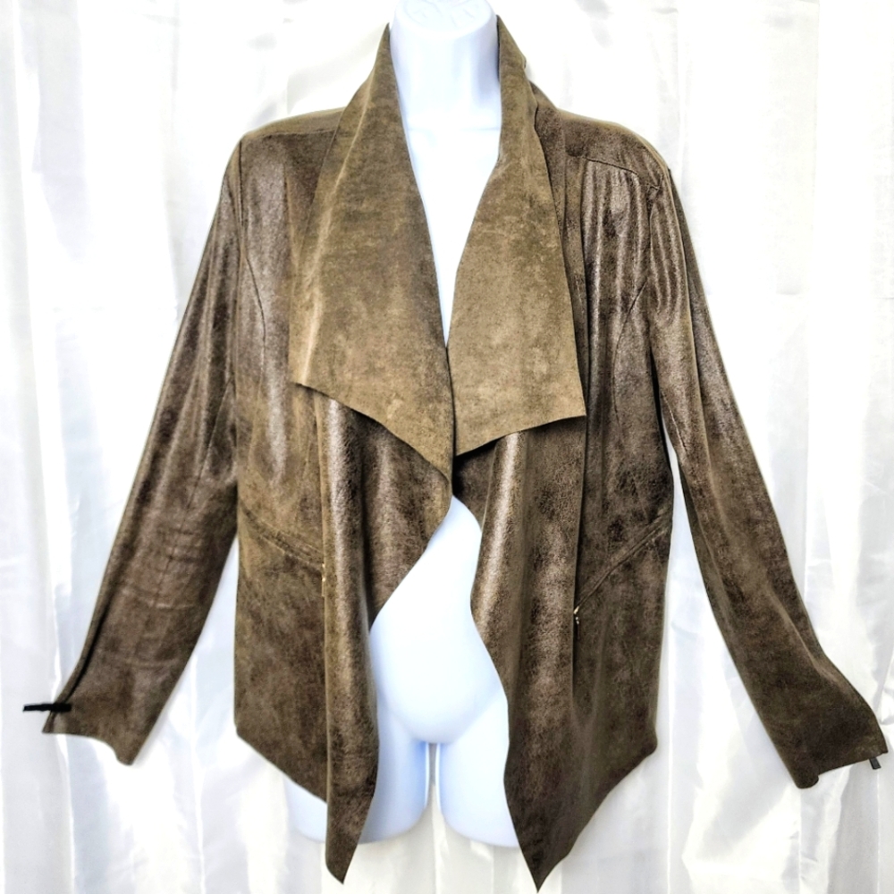 Worthington Faux Leather Draped Open Jacket Brown Cropped Womens Sz S Boho Moto